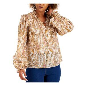 INC Womens Plus 2X Sheer Paisley Long Sleeve Blouse Ruffle Trim Shirt Top